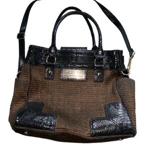 Calvin Klein Woven Straw Wicker Purse Crossbody Handbag with Black Trim